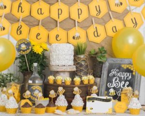 BEE day Birthday Party Kit Bumble bee themed 1st birthday, 2nd birthday, 3rd birthday Cute Printable Ochre + Grey honeycomb & stripes decor | baby first birthday ideas