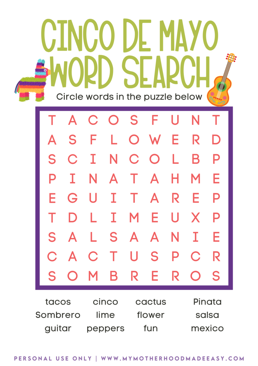 Cinco De Mayo Word Search Free Printable for Kids & Adults