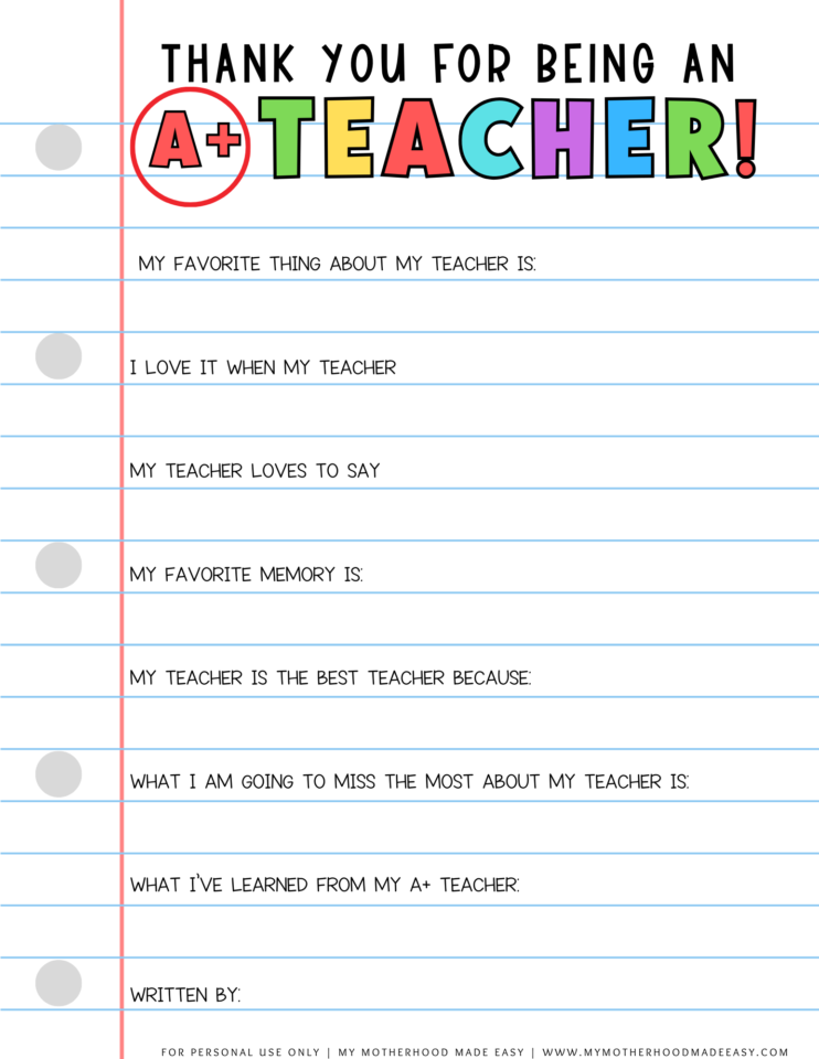 FREE All About My Teacher Printable PDF (Thank You Gift) – My ...