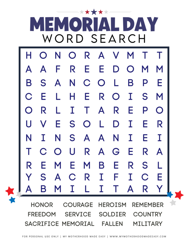 FREE Printable Memorial Day Word Search PDF for Kids & Adults