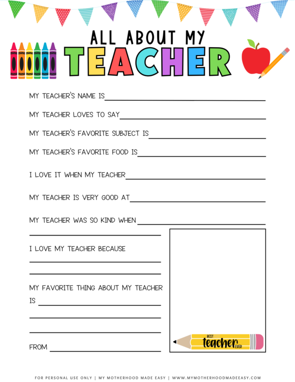 FREE All About My Teacher Printable PDF (Thank You Gift) – My ...