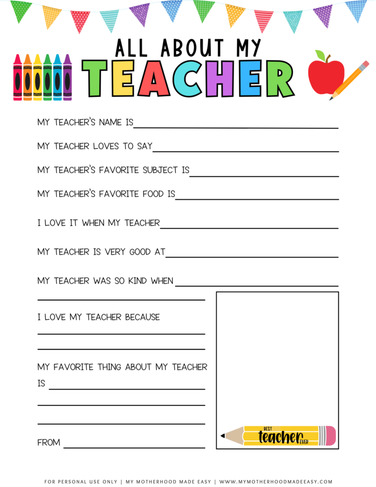 FREE All About My Teacher Printable PDF (Thank You Gift) – My ...