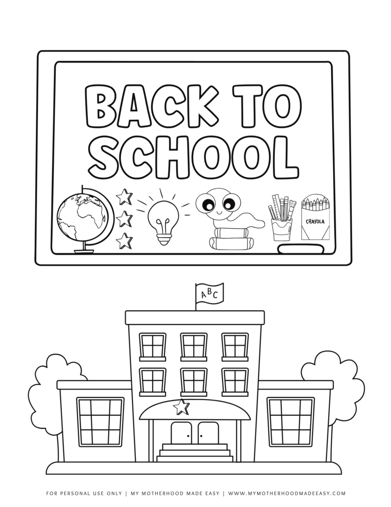 Whiteboard and Schoolhouse - back to school coloring sheet