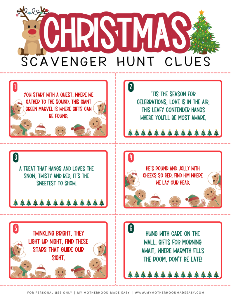 Free printable Christmas Scavenger Hunt rhyming clues